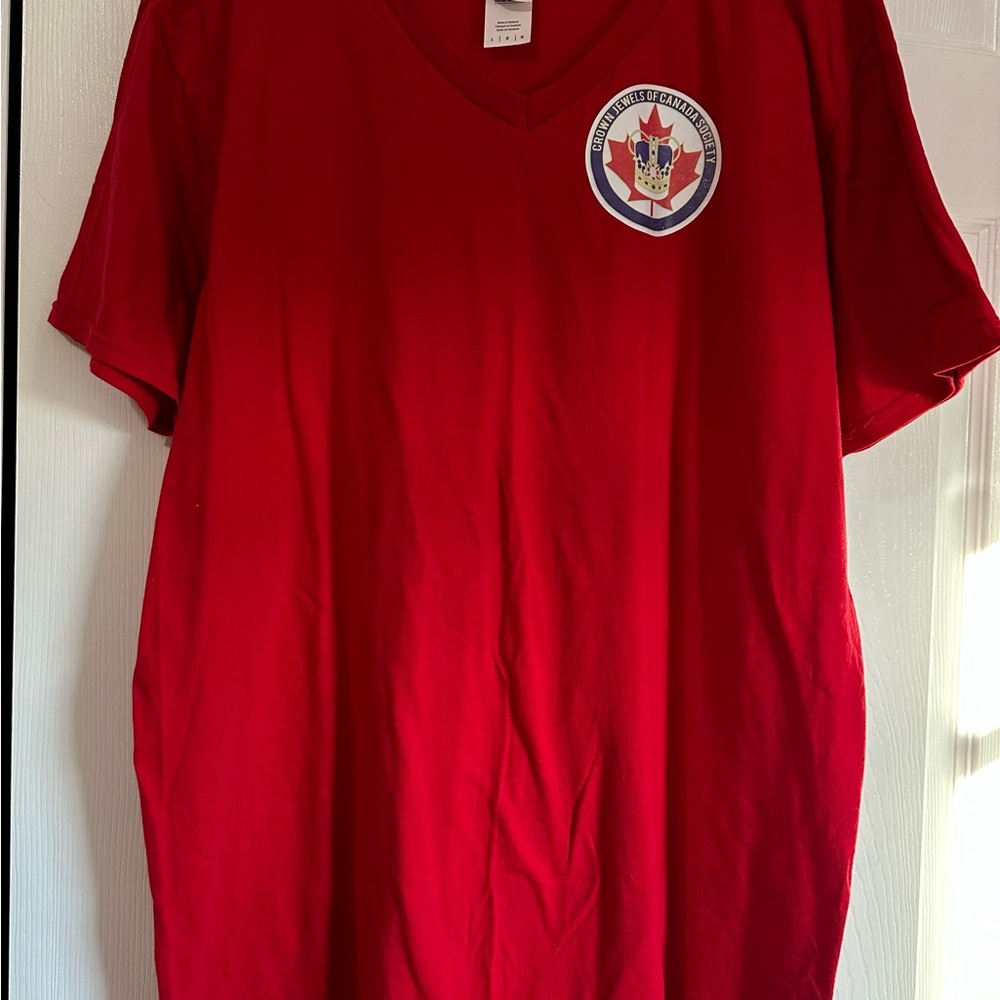 Red V-Neck Women's Tee Shirt with “Crown Jewels of Canada Society” crest.